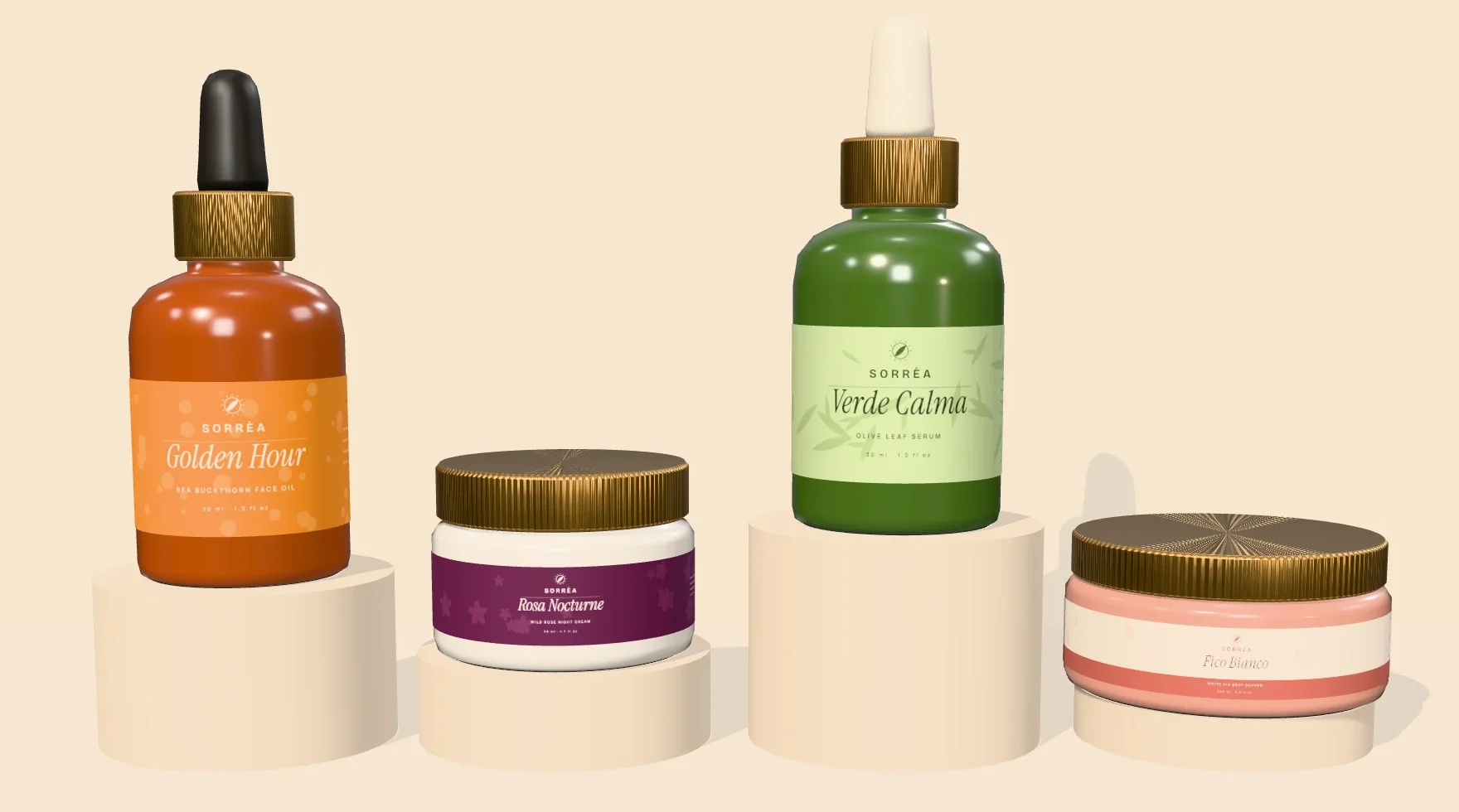 All four SORRÈA products on stepped plinths