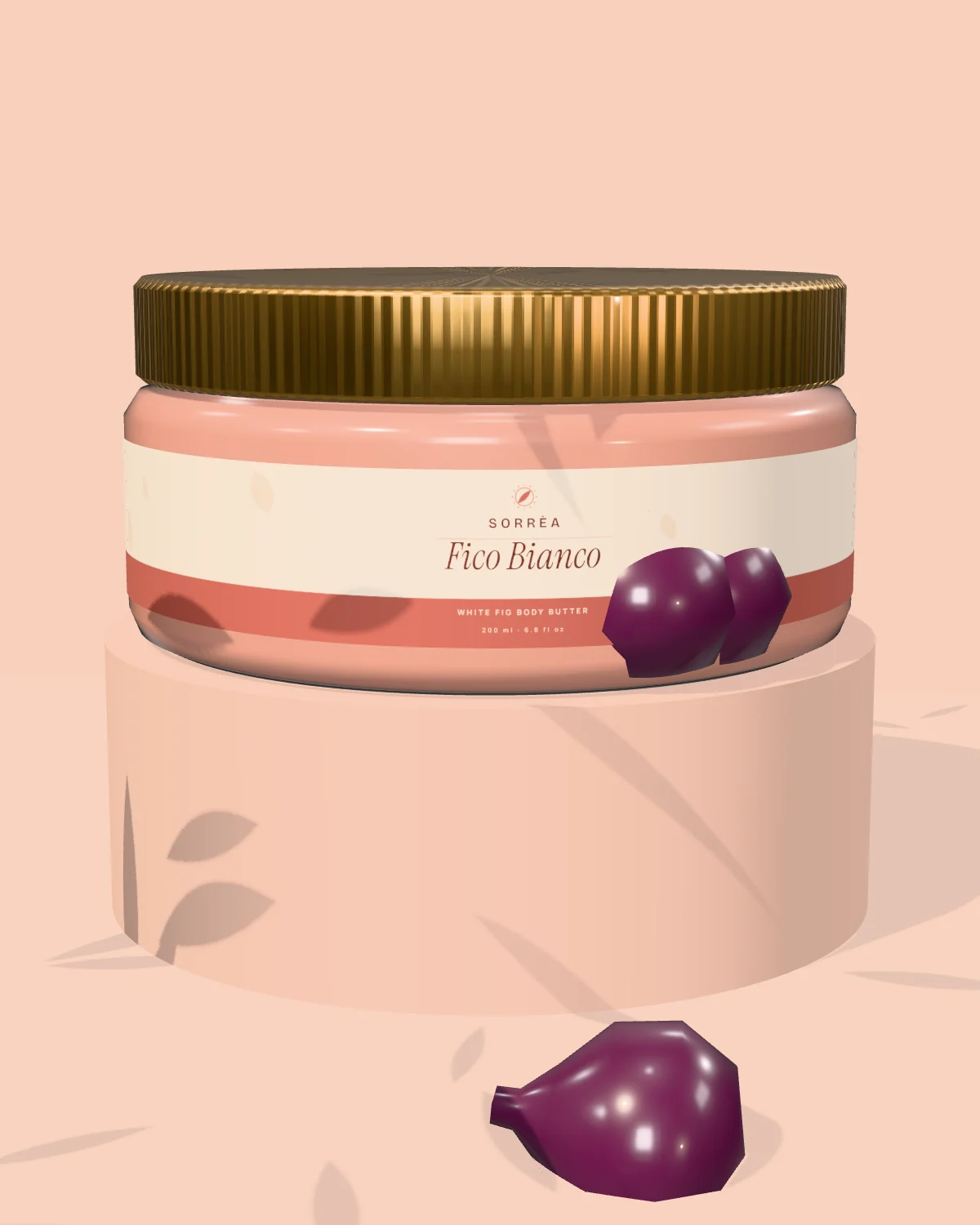 Fico Bianco body butter on a peach plinth with figs