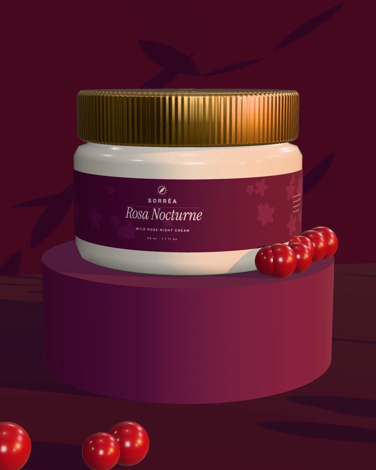 Rosa Nocturne night cream in deep plum evening light