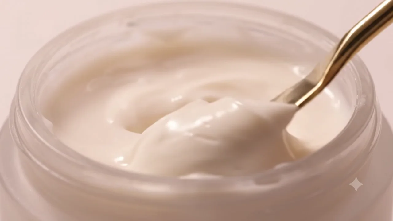 Thick cream being folded with a brass spatula